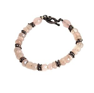 Vintage Rose Quartz Beaded Bracelet Silver Tone Feminine Dainty Barbie Pink‎
